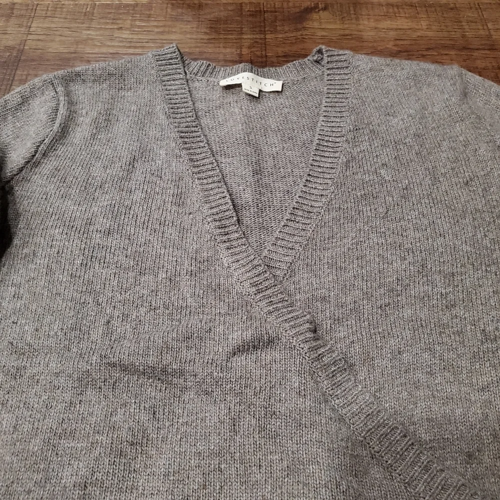 Lovestitch Faux Wrap Sweater Taupe Brown Cozy Warm Boho Preppy Neutral Winter S - Picture 7 of 7